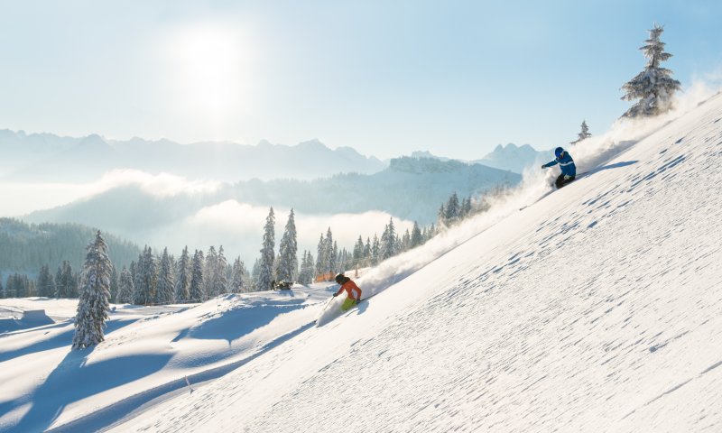 Zwei Wintersportler fahren den schneebedeckten Hang hinunter, umgeben von einem klaren blauen Himmel und schönen Bergen.