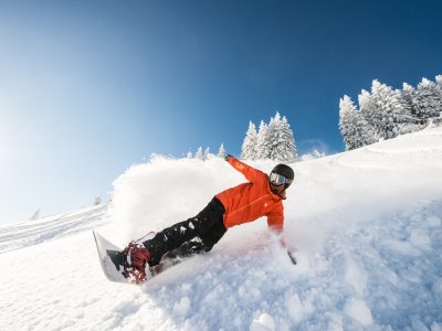 Ein Snowboarder in einer orangefarbenen Jacke fährt geschwind den Hang hinunter, umgeben von schneebedeckten Bäumen.