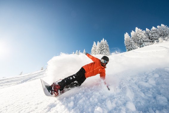 Snowboarder fährt durch den frischen Schnee Ein Snowboarder in einer orangefarbenen Jacke fährt geschwind den Hang hinunter, umgeben von schneebedeckten Bäumen.