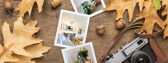 Auf einem Holzuntergrund liegen Herbstblätter, eine Kamera und Fotos von einem gemütlichen Raum mit Pflanzen.