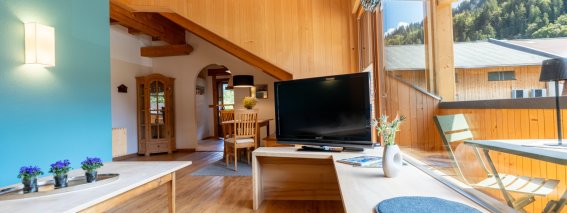 Heller Wohnraum mit Holzboden, TV, langer Fensterbank mit Sitzkissen und Blick auf die Berge – Bergheimat Ferienwohnungen in Obermaiselstein-Ried im Allgäu.