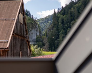 Ausblick aus einem Dachfenster der Bergheimat Ferienwohnungen in Obermaiselstein-Ried auf einen alten Holzstadel und die bewaldeten Berghänge des Oberallgäus.