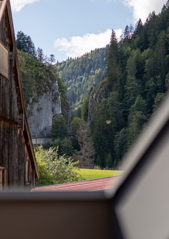 Blick aus dem Fenster auf Stadel und bewaldete Berge Ausblick aus einem Dachfenster der Bergheimat Ferienwohnungen in Obermaiselstein-Ried auf einen alten Holzstadel und die bewaldeten Berghänge des Oberallgäus.