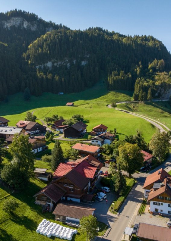 Drohnenaufnahme von Obermaiselstein-Ried im Oberallgäu: Allgäuer Häuser, grüne Almwiesen und bewaldete Berghänge an einem sonnigen Spätsommertag – Lage der Bergheimat Ferienwohnungen.