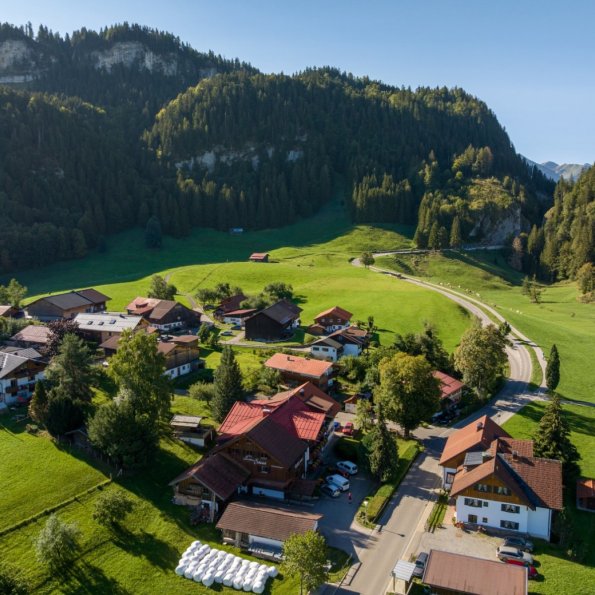Drohnenaufnahme von Obermaiselstein-Ried im Oberallgäu: Allgäuer Häuser, grüne Almwiesen und bewaldete Berghänge an einem sonnigen Spätsommertag – Lage der Bergheimat Ferienwohnungen.