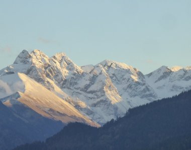 Schneebedeckte Allgäuer Gipfel im warmen Abendlicht über bewaldeten Hängen – Bergheimat Ferienwohnungen in Obermaiselstein-Ried im Allgäu.