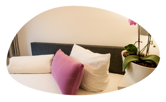 Auf einem Bett liegen Kissen in verschiedenen Farben. Eine Pflanze steht neben dem Bett auf dem Tisch.