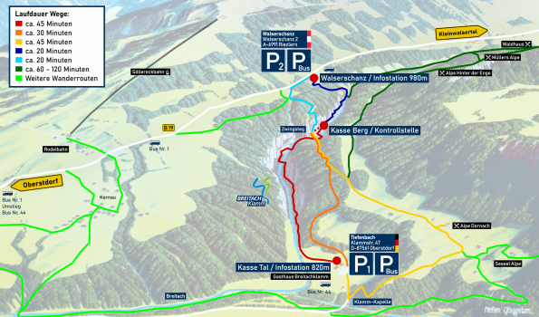 Die Karte zeigt verschiedene Wanderwege der Breitachklamm