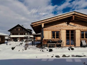 Zwei charmante Holzchalets liegen in einer ruhigen, schneebedeckten Landschaft unter einem klaren Himmel im Winter.