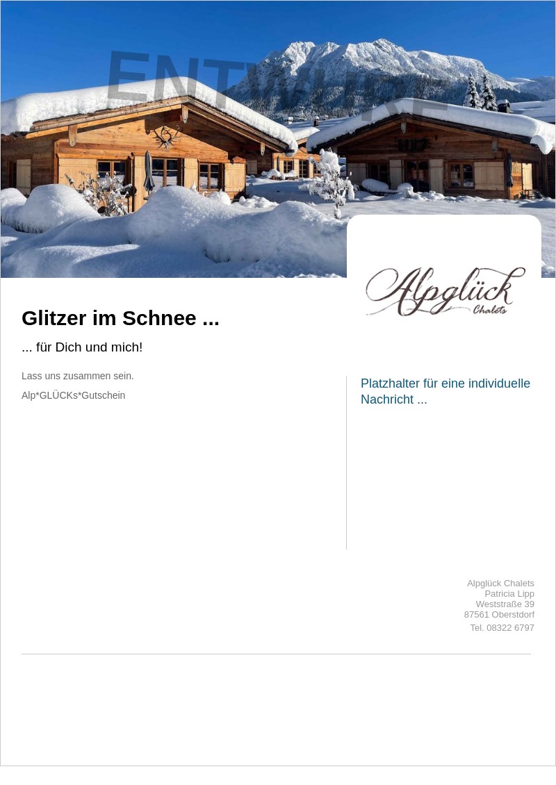 Gutscheinvorlage: Chalets Alpglück – Schnee & Glitzer