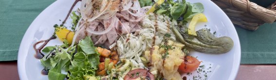 Lechwegsalat mit Brot - Wurstsalat mit gemischtem Salat