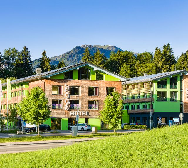 Explorer Hotel Oberstdorf in summer This trendy sports hotel is located on the outskirts of Fischen and Oberstdorf, near the Breitachklamm Gorge and the source of the Iller River. Which tour will be your next?
