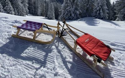 Schlitten bei einer Winterwanderung auf den Breitenberg mit dem Aggenstein im Hintergrund