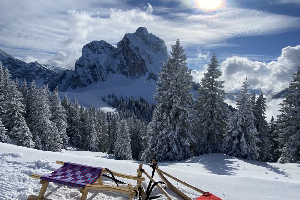 Schlitten bei einer Winterwanderung auf den Breitenberg mit dem Aggenstein im Hintergrund