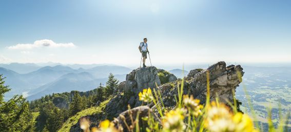 Hiking on the Breitenstein in brilliant sunshine Hiking in brilliant sunshine: The Breitenstein offers a generous view over the Alps.