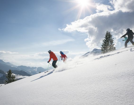 Mehrere Skifahrer genießen den strahlenden Sonnenschein beim hinunterfahren ins Tal.