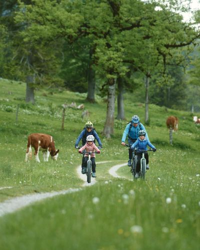 Eine Familie beim Biken auf einer Wiese.