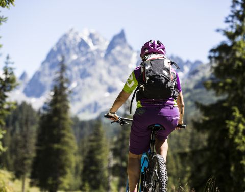 Con vista sul Monte Patteriol, potrete pedalare lungo i diversi percorsi ciclabili della valle Silbertal. Il punto di partenza ideale per escursioni in mountain bike nel Vorarlberg è l'Explorer Hotel Montafon a Gaschurn.