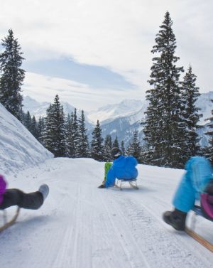 Ať už se vydáváte na pohodovou nebo rychlou jízdu, můžete se sjet po sáňkařské dráze do údolí a užívat si výhled na zasněžené pohoří Montafon.