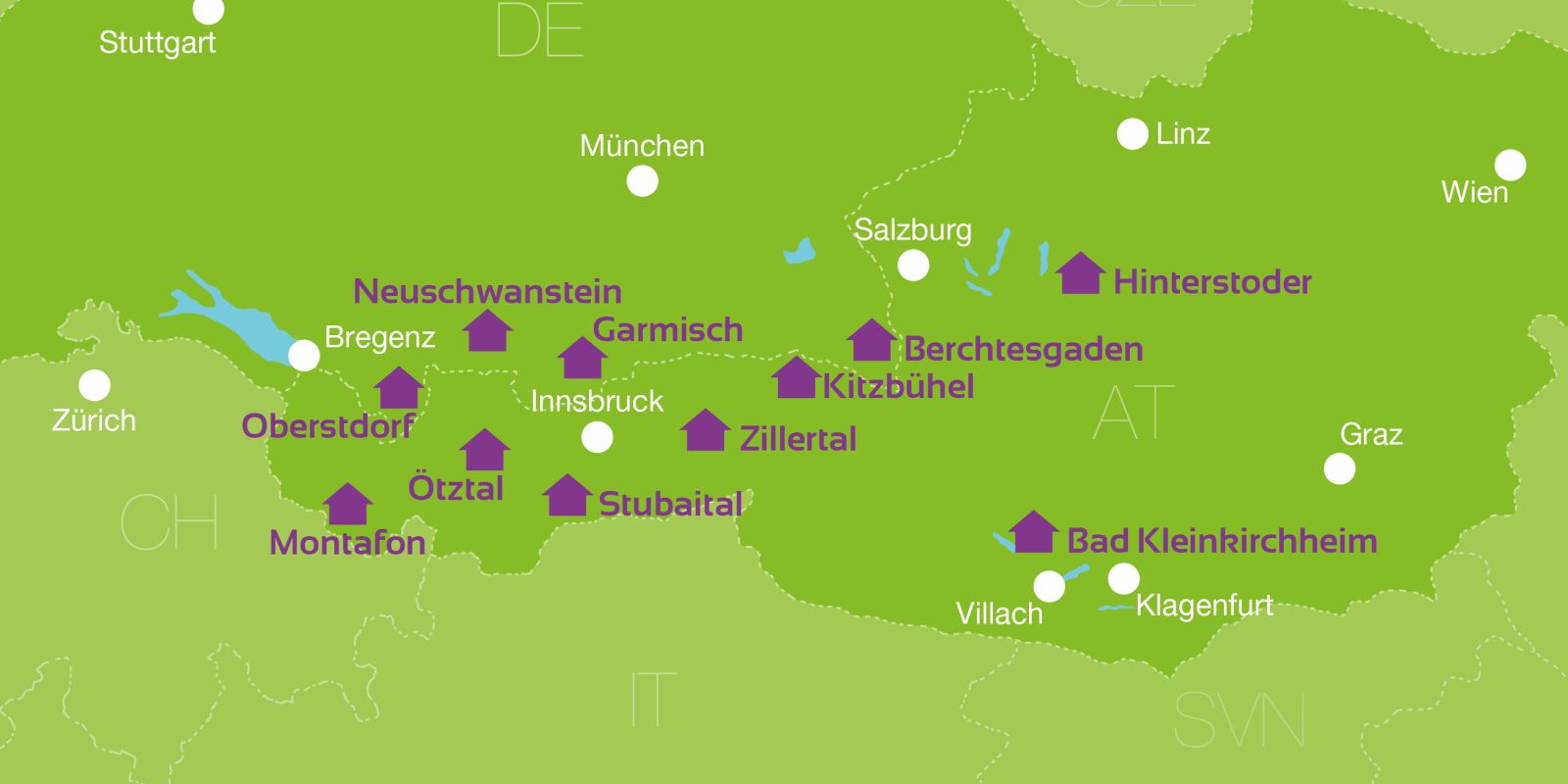 Es gibt sie nicht nur in den bayerischen Alpen, sondern auch in Vorarlberg, den Kitzbüheler Alpen, im Berchtesgadener Land, Zillertal, in Hinterstoder in Oberösterreich, im Ötztal und in Bad Kleinkirchheim, Kärnten.
