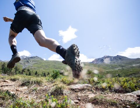 Randonnée ou course à pied en pleine nature dans les Alpes de l'Ötztal, au Tyrol autrichien, pendant des vacances en famille. Par exemple, au Hohe Mut, près de l'hôtel Explorer Ötztal à Umhausen.