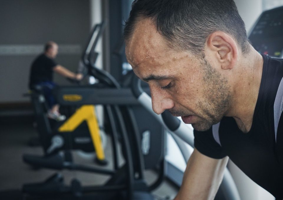 Steffen Thum uses the fitness area at the Explorer Hotels to prepare