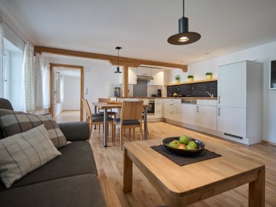 Von der Couch in der großen Wohnküche blickt man zum Essbereich, in die Küche und das zweite Schlafzimmer der Wohnung
