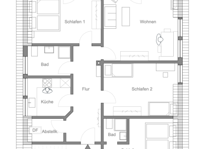 Im ersten Stock des Neubaus befindet sich auf 78 qm die großzügige Ferienwohnung Wiesenblick mit Balkon, zwei Erwachenen-Schlafzimmern sowie das separate Einzelzimmer inkl. Bad (18qm).