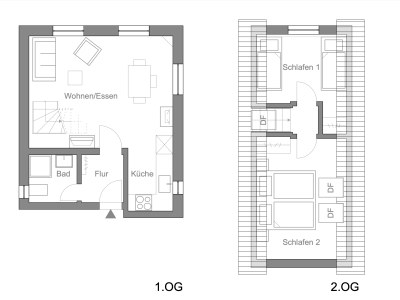 Nahezu spiegelverkehrt zur Maisonette 2 befindet sich die Ferienwohnung Maisonette 2 ebenfalls im 1. und 2. OG der Sennerei.