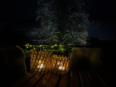 Der Balkon der Ferienwohnung LindenBlick bietet über alle Jahreszeiten einen beeindruckenden Blick zur Linde und in den Innenhof.