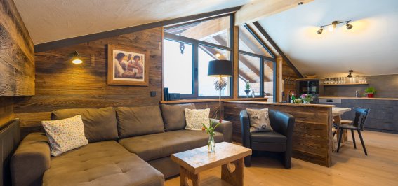 Ein Wohnzimmer mit einer Sitzecke und einer offenen Küche. Es gibt Holzverkleidungen und viel Tageslicht im Raum.