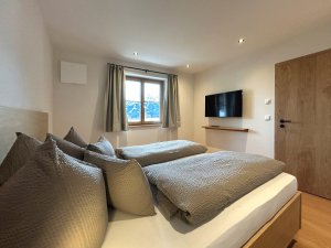 Das Zimmer zeigt zwei Einzelbetten, einen Fernseher und einen Blick auf die Berge. Tageslicht strömt durch das Fenster.