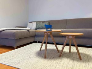 Ein Wohnzimmer zeigt zwei Tische und ein Sofa. Ein blaues Spielzeug steht auf dem Tisch. Der Boden ist holzig.