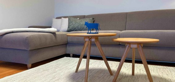 Tische in einem Wohnzimmer mit Sofa und Dekoration Ein Wohnzimmer zeigt zwei Tische und ein Sofa. Ein blaues Spielzeug steht auf dem Tisch. Der Boden ist holzig.