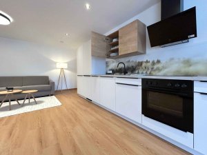 In der Wohnung befinden sich eine Küche und ein Wohnzimmer mit Sofa und Tisch. Es sieht modern und aufgeräumt aus.