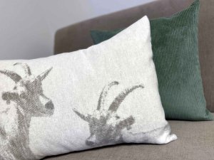 Zwei Kissen liegen auf einem grauen Sofa. Eines zeigt Ziegen, das andere ist grün und gestreift.