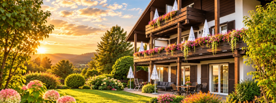 Alpenchalet mit Blütengarten im Abendlicht