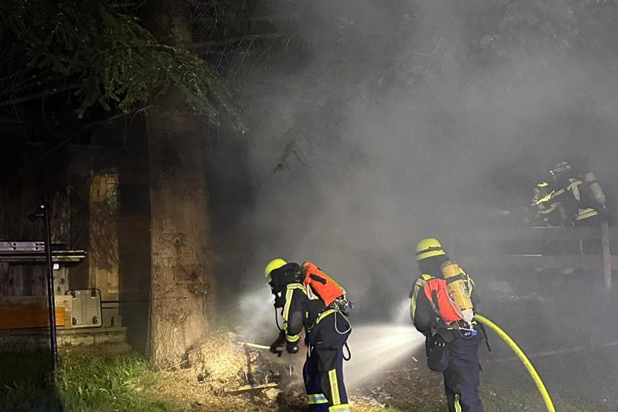 Feuerwehrleute mit Atemschutzgerät arbeiten daran, ein Feuer an einem Baum zu löschen. Es gibt viel Rauch und die Dunkelheit ist sichtbar.