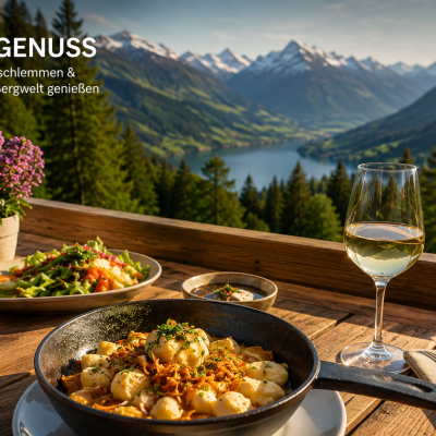 Genießen von Essen mit Blick auf die Berge Menschen essen in einem Restaurant mit Blick auf die Berge und den See. Die Umgebung hat Pflanzen und klare Luft.