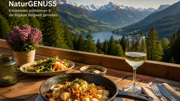Menschen essen in einem Restaurant mit Blick auf die Berge und den See. Die Umgebung hat Pflanzen und klare Luft.