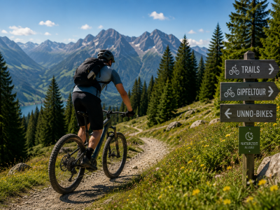 Mountainbike-Tour auf den Trails in den Alpen Ein Biker fährt auf einem Weg in den Alpen. Im Hintergrund sind Berge und Bäume. Es ist ein sonniger Tag.