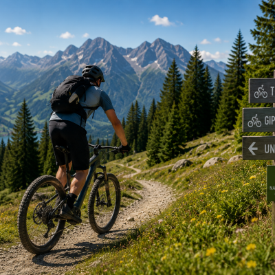 Mountainbike-Tour auf den Trails in den Alpen Ein Biker fährt auf einem Weg in den Alpen. Im Hintergrund sind Berge und Bäume. Es ist ein sonniger Tag.