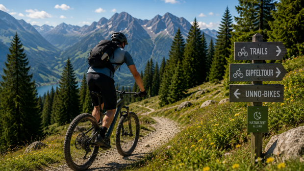 Ein Biker fährt auf einem Weg in den Alpen. Im Hintergrund sind Berge und Bäume. Es ist ein sonniger Tag.