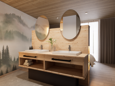 Das Badezimmer hat zwei Waschbecken, Holzelemente und große Spiegel. Die Wände zeigen Waldmuster. Licht fällt durch das Fenster.