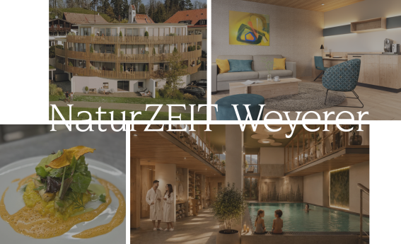 Die Gäste entspannen im Wellnessbereich und genießen das Essen und die Unterkunft in Weyer. Es ist tagsüber in einem Hotel.