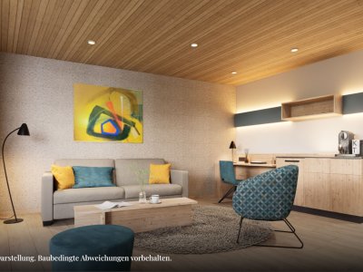 In einer modernen Wohnung sieht man das Wohnzimmer und die Küchenecke. Es gibt eine Couch, einen Tisch und einen Stuhl.