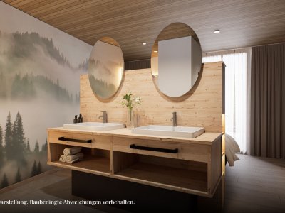 Das Badezimmer hat zwei Waschbecken, Holzelemente und große Spiegel. Die Wände zeigen Waldmuster. Licht fällt durch das Fenster.