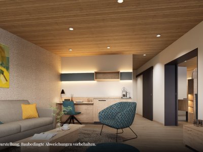 In einem Raum sind ein Wohnzimmer und eine Küche zu sehen. Die Möbel sind einfach und praktisch arrangiert.