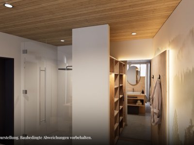 Der Raum zeigt eine helle Einrichtung mit Holzregalen und einem Spiegel. Es gibt einen Blick auf eine Dusche.