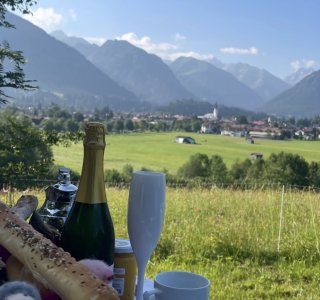 Ein Picknick mit Getränken und Snacks in einem Feld mit Bergen im Hintergrund. Die Sonne scheint und es ist Tag.